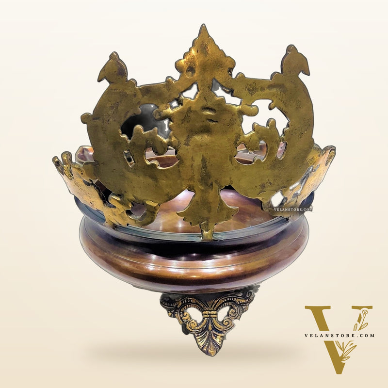 Brass Panchdeep large urli with bells with Spiral engraved back panel