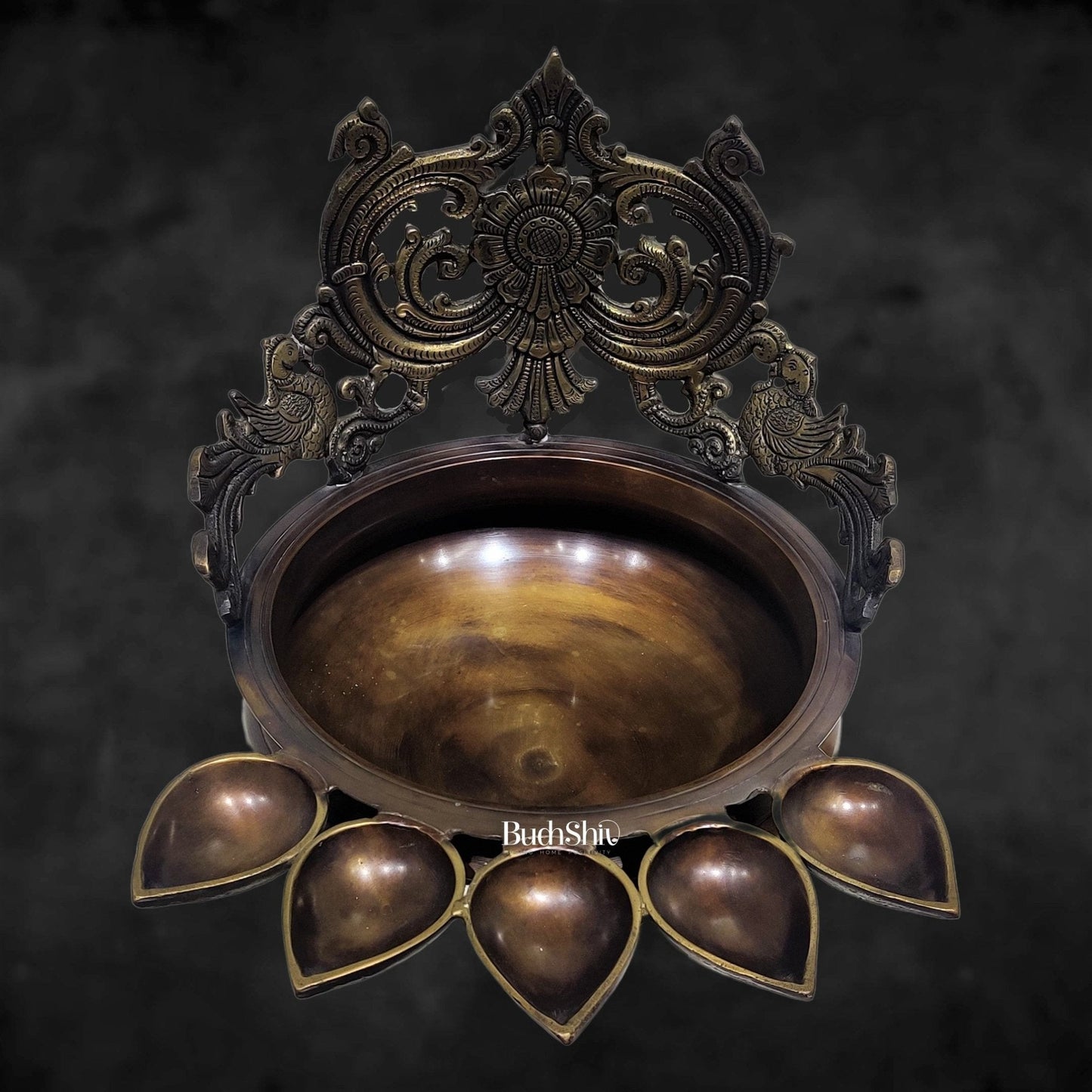 Brass Panchdeep large urli with bells with Spiral engraved back panel