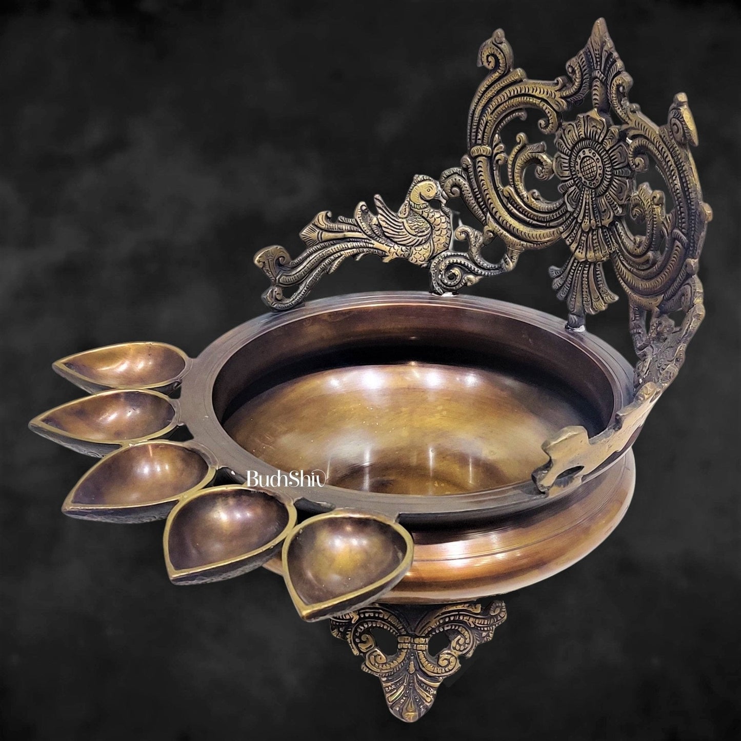 Brass Panchdeep large urli with bells with Spiral engraved back panel