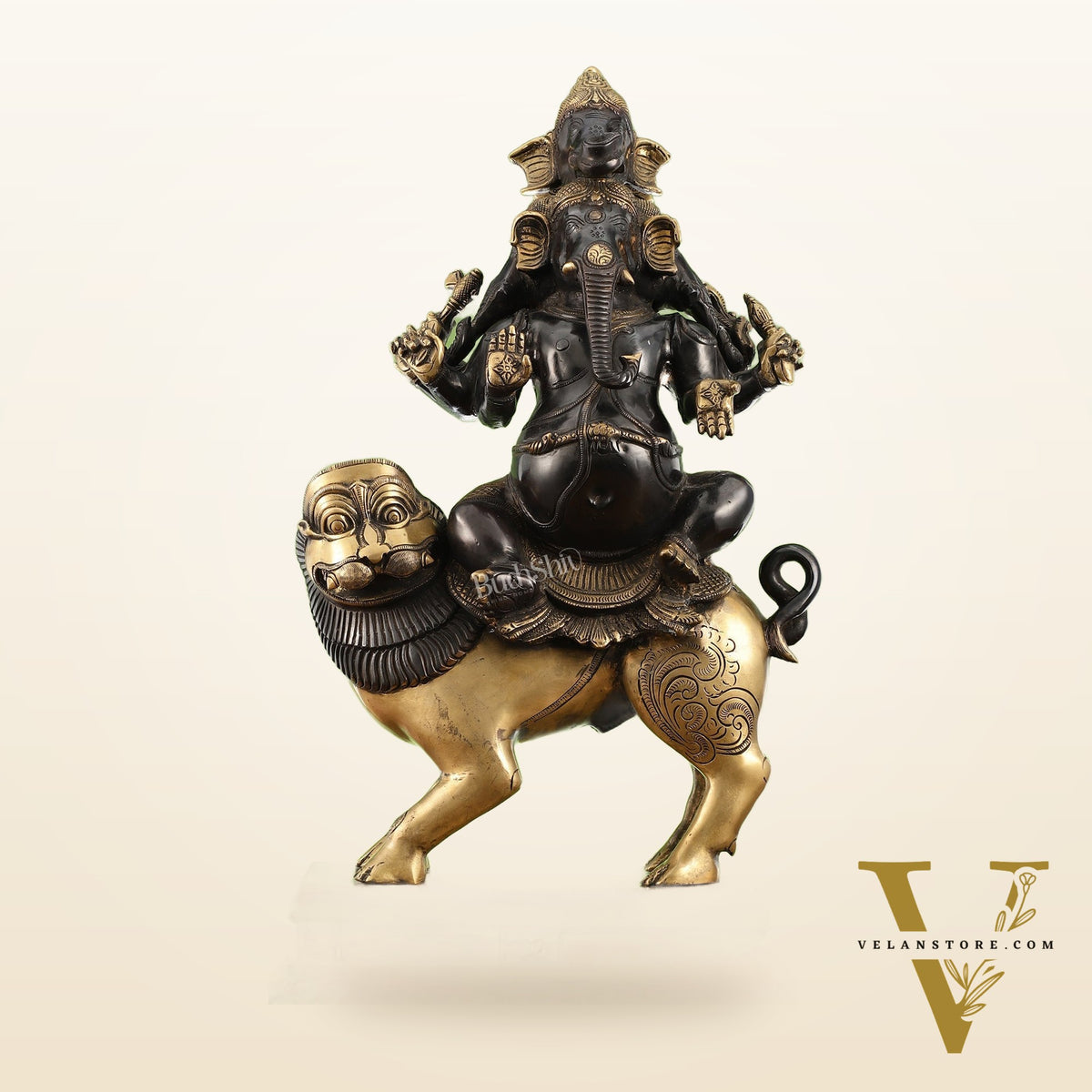 Brass Panchmukhi Ganesha seated on lion |  Heramba Statue 22.5"