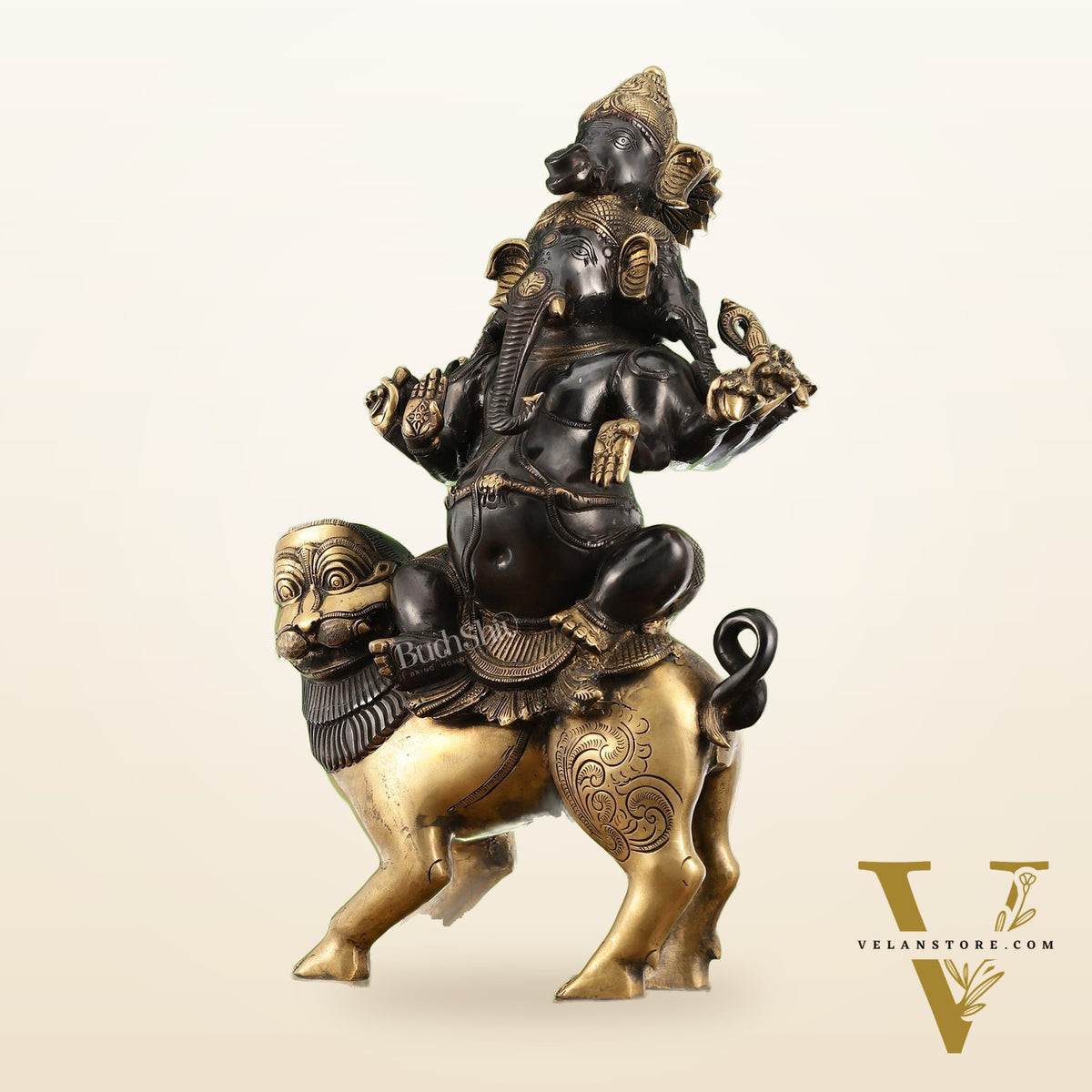 Brass Panchmukhi Ganesha seated on lion |  Heramba Statue 22.5"