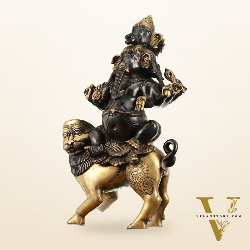 Brass Panchmukhi Ganesha seated on lion |  Heramba Statue 22.5"
