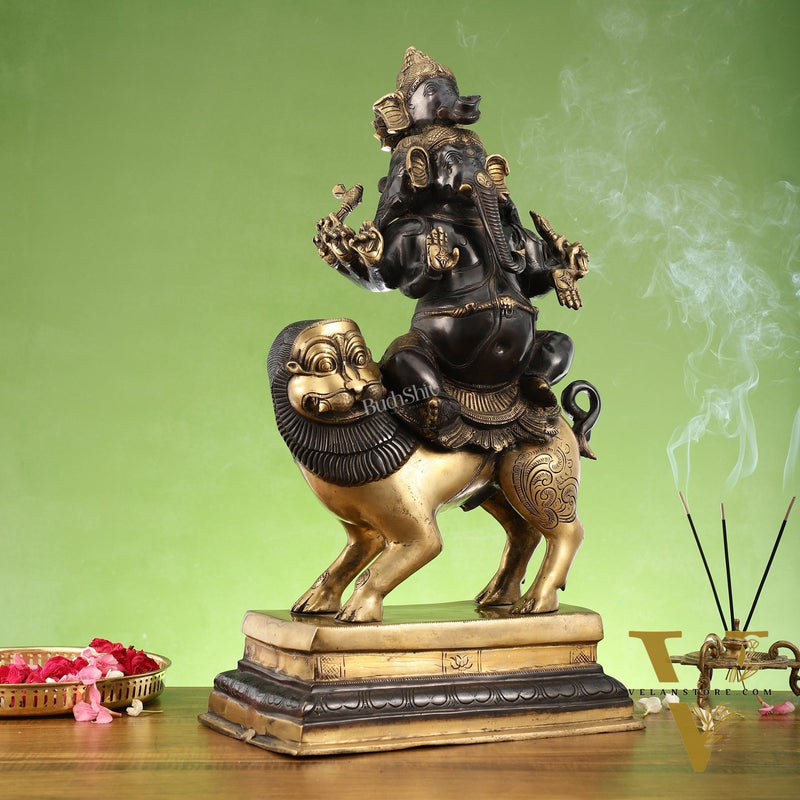 Brass Panchmukhi Ganesha seated on lion |  Heramba Statue 22.5"