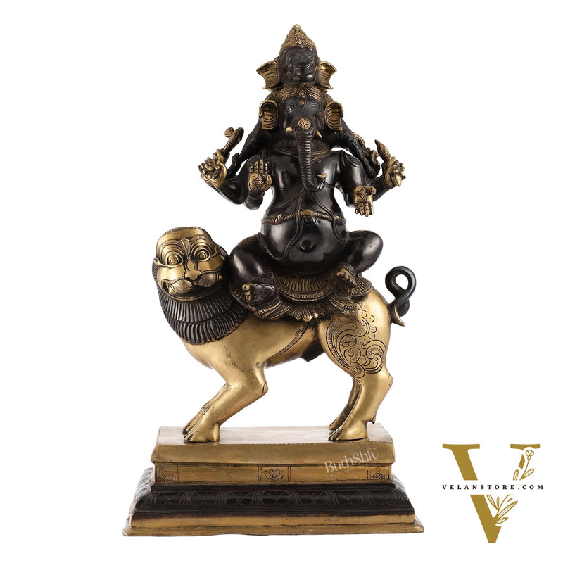 Brass Panchmukhi Ganesha seated on lion |  Heramba Statue 22.5"