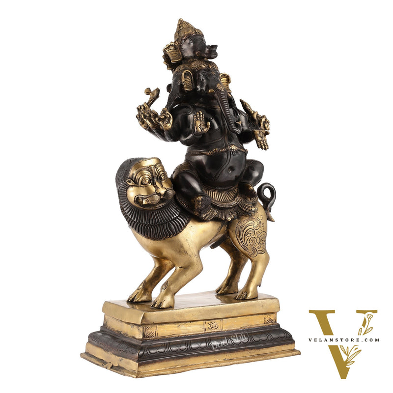 Brass Panchmukhi Ganesha seated on lion |  Heramba Statue 22.5"