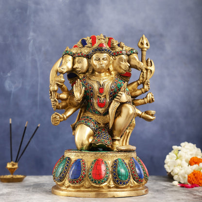 Brass Panchmukhi Hanuman idol 13" with meenakari
