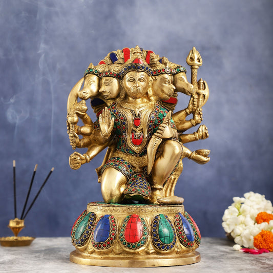 Brass Panchmukhi Hanuman idol 13" with meenakari