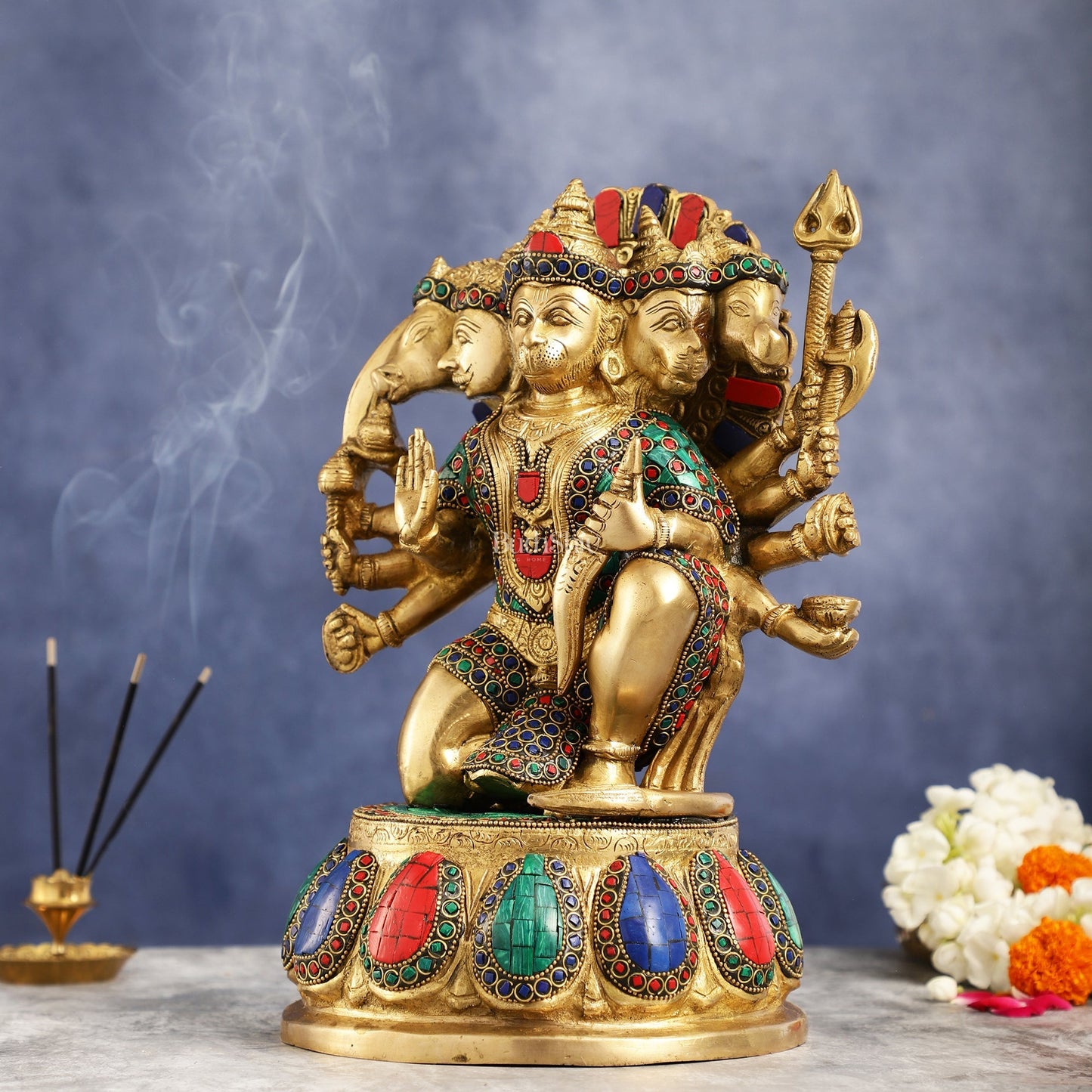 Brass Panchmukhi Hanuman idol 13" with meenakari