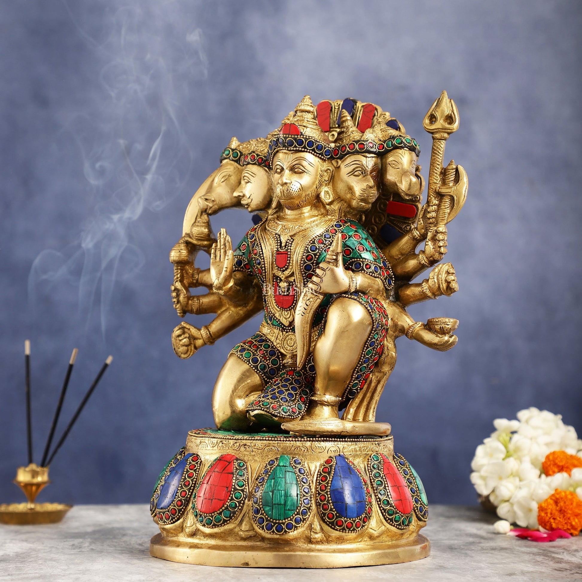 Brass Panchmukhi Hanuman idol 13" with meenakari