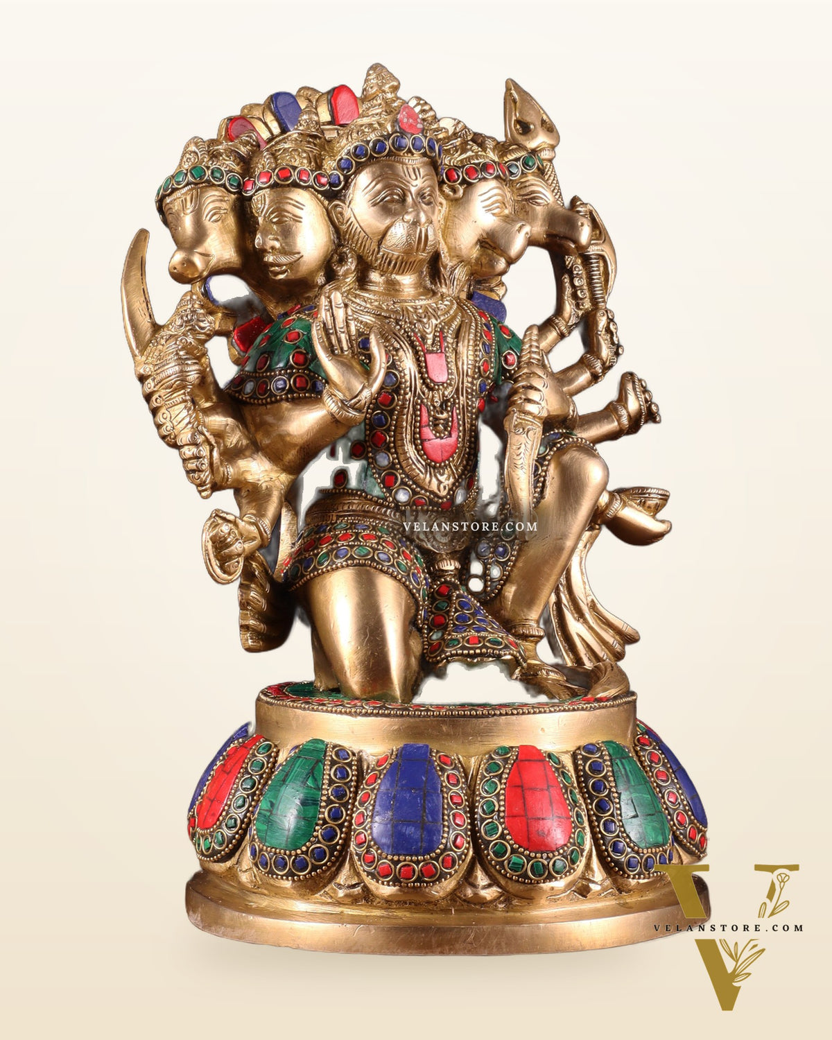 Brass Panchmukhi Hanuman idol 13" meenakari Stonework