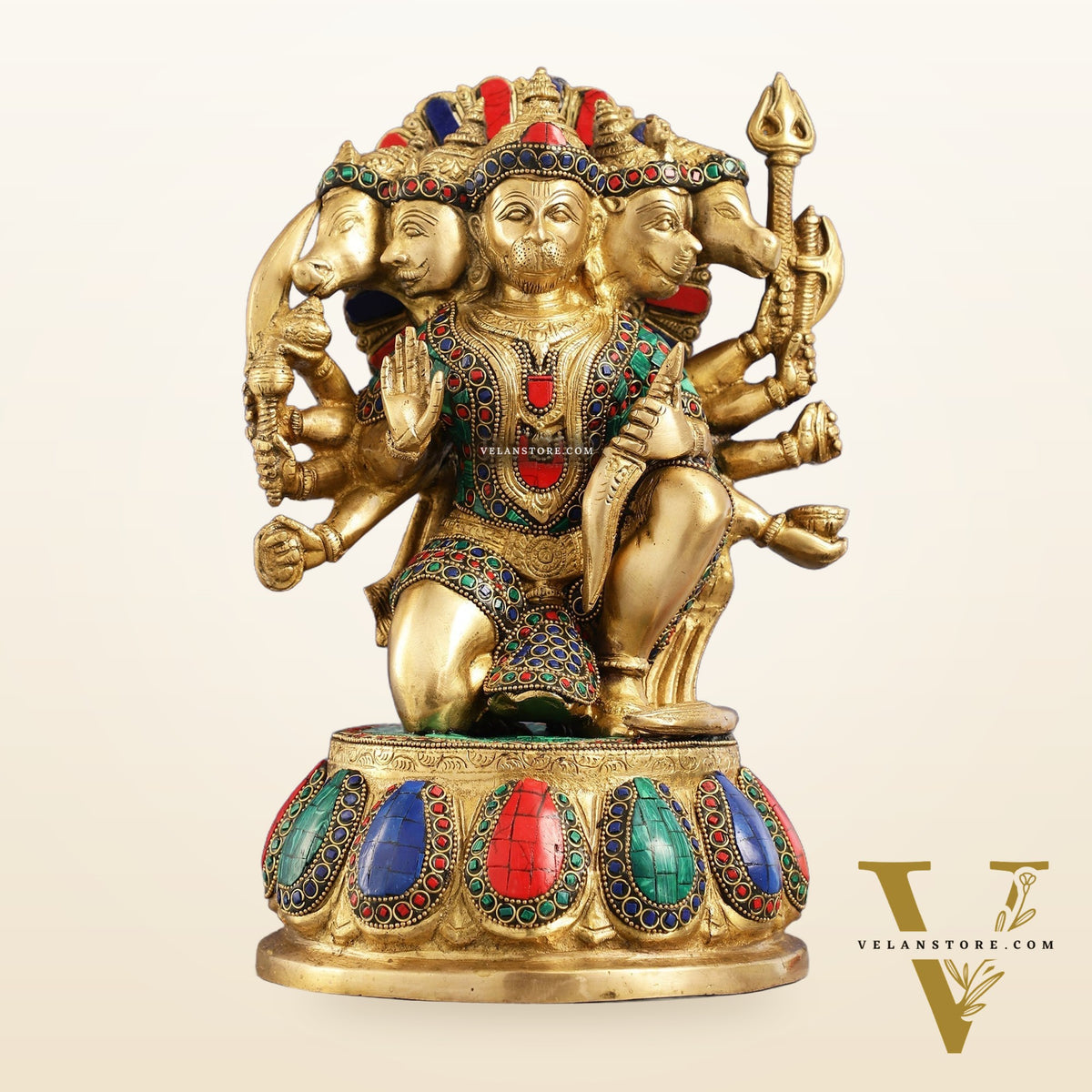 Brass Panchmukhi Hanuman idol 13" with meenakari