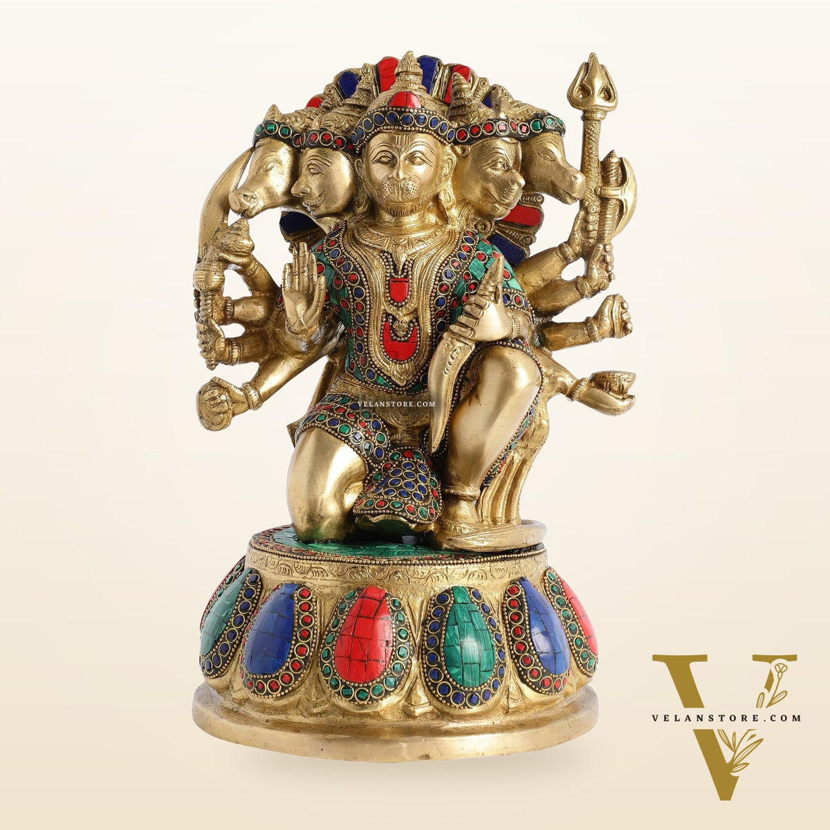 Brass Panchmukhi Hanuman idol 13" with meenakari