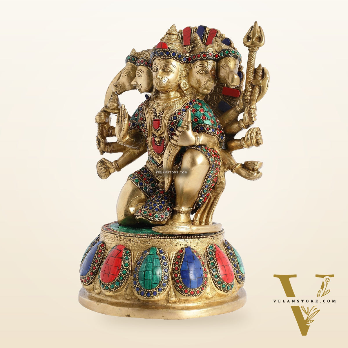 Brass Panchmukhi Hanuman idol 13" with meenakari