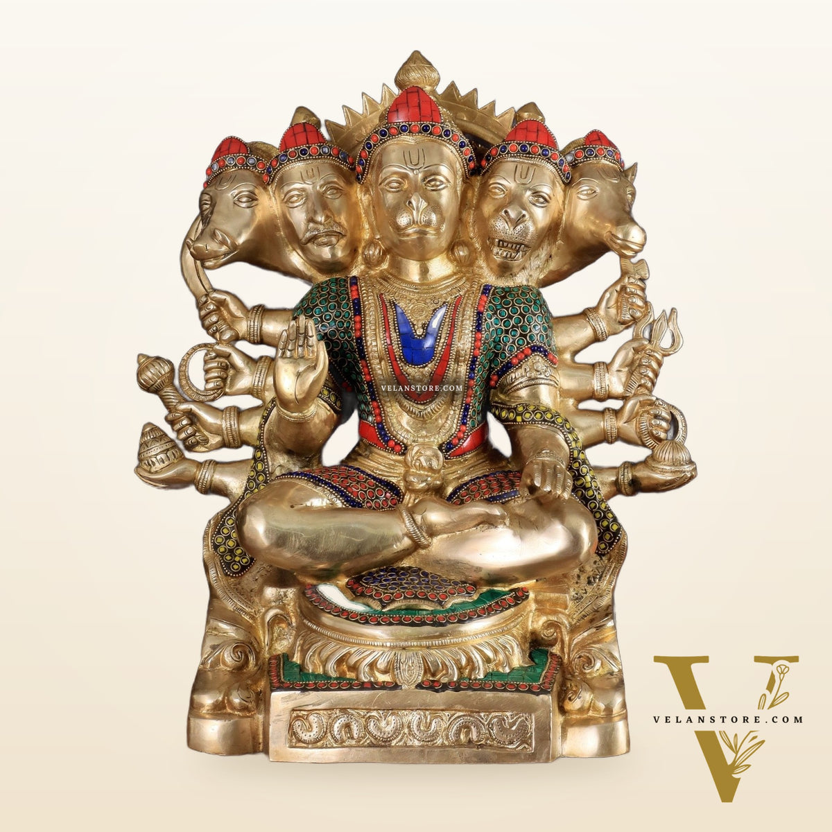 Brass Panchmukhi Hanuman large Idol 17 inch with stonework