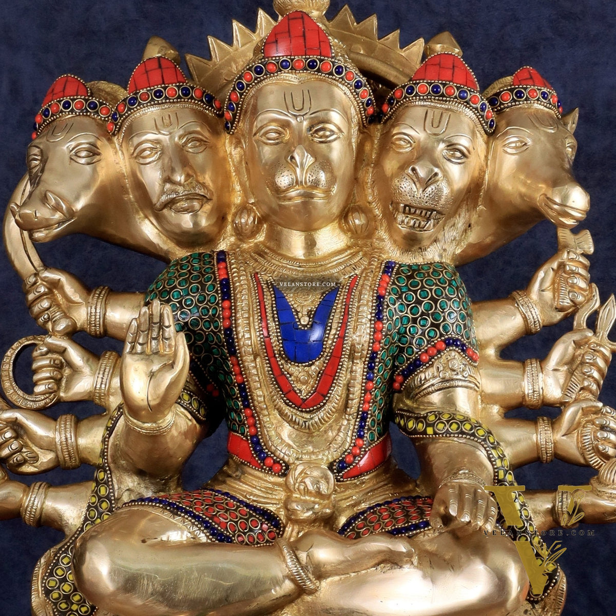 Brass Panchmukhi Hanuman large Idol 17 inch with stonework