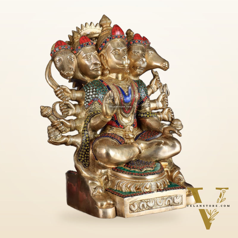 Brass Panchmukhi Hanuman large Idol 17 inch with stonework
