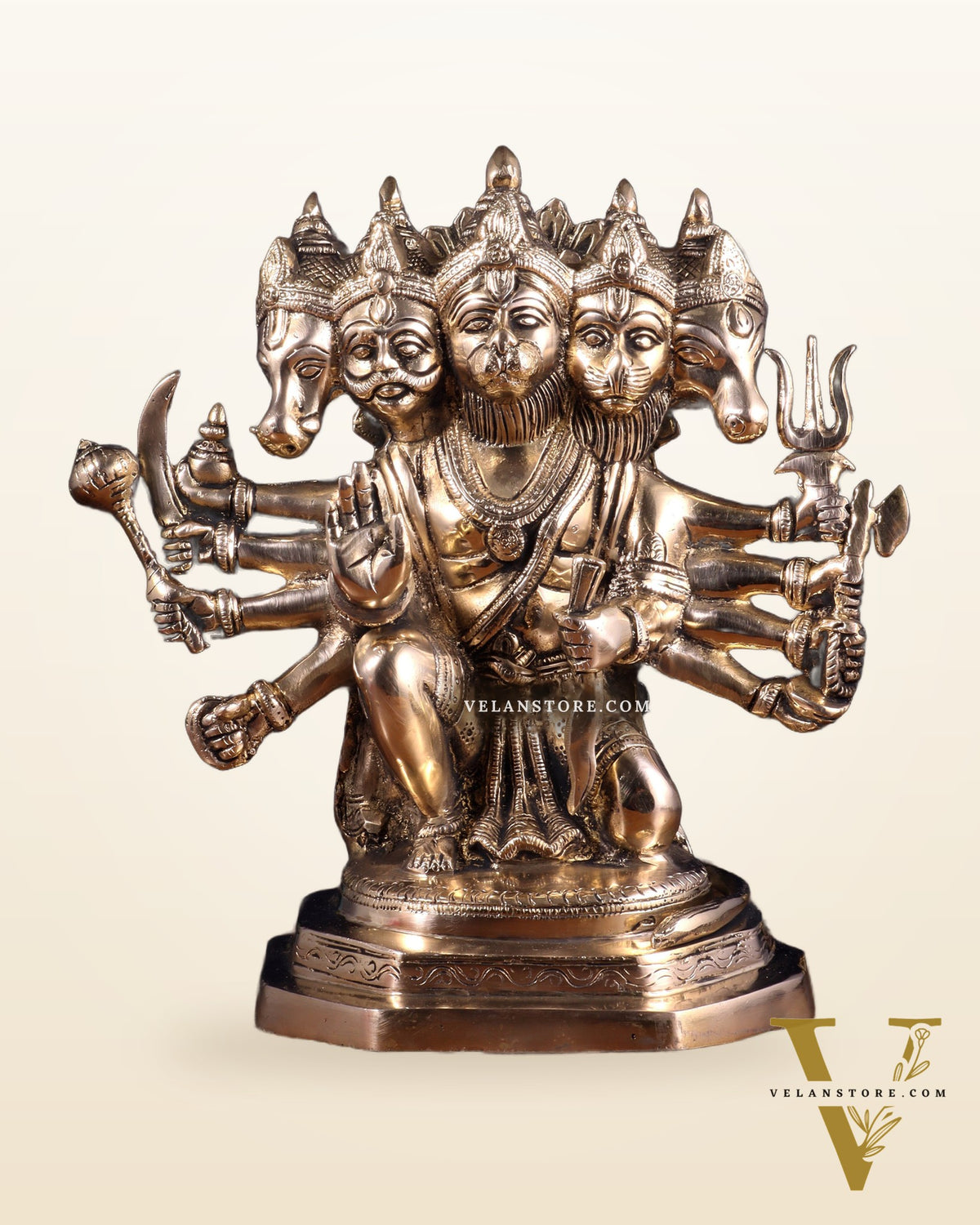 Brass Panchmukhi Hanuman Sculpture - 11" Glossy finish