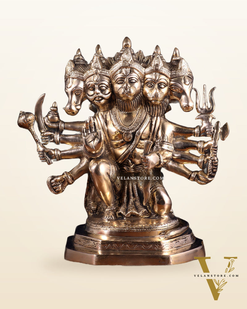 Brass Panchmukhi Hanuman Sculpture - 11" Glossy finish