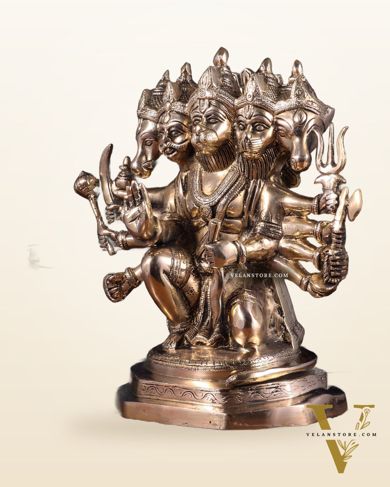 Brass Panchmukhi Hanuman Sculpture - 11" Glossy finish