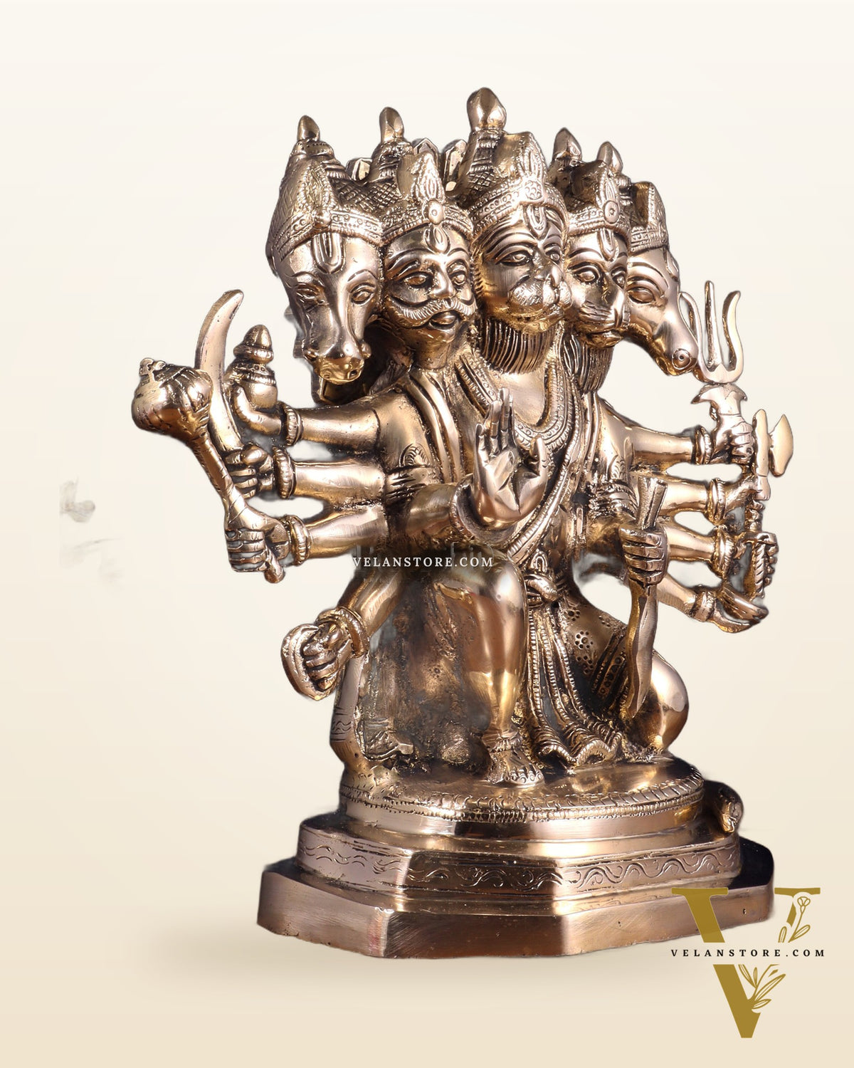 Brass Panchmukhi Hanuman Sculpture - 11" Glossy finish