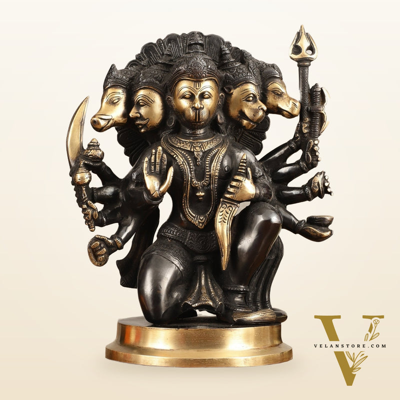Brass Panchmukhi Hanuman Statue - 11" Height, Black and Gold Finish