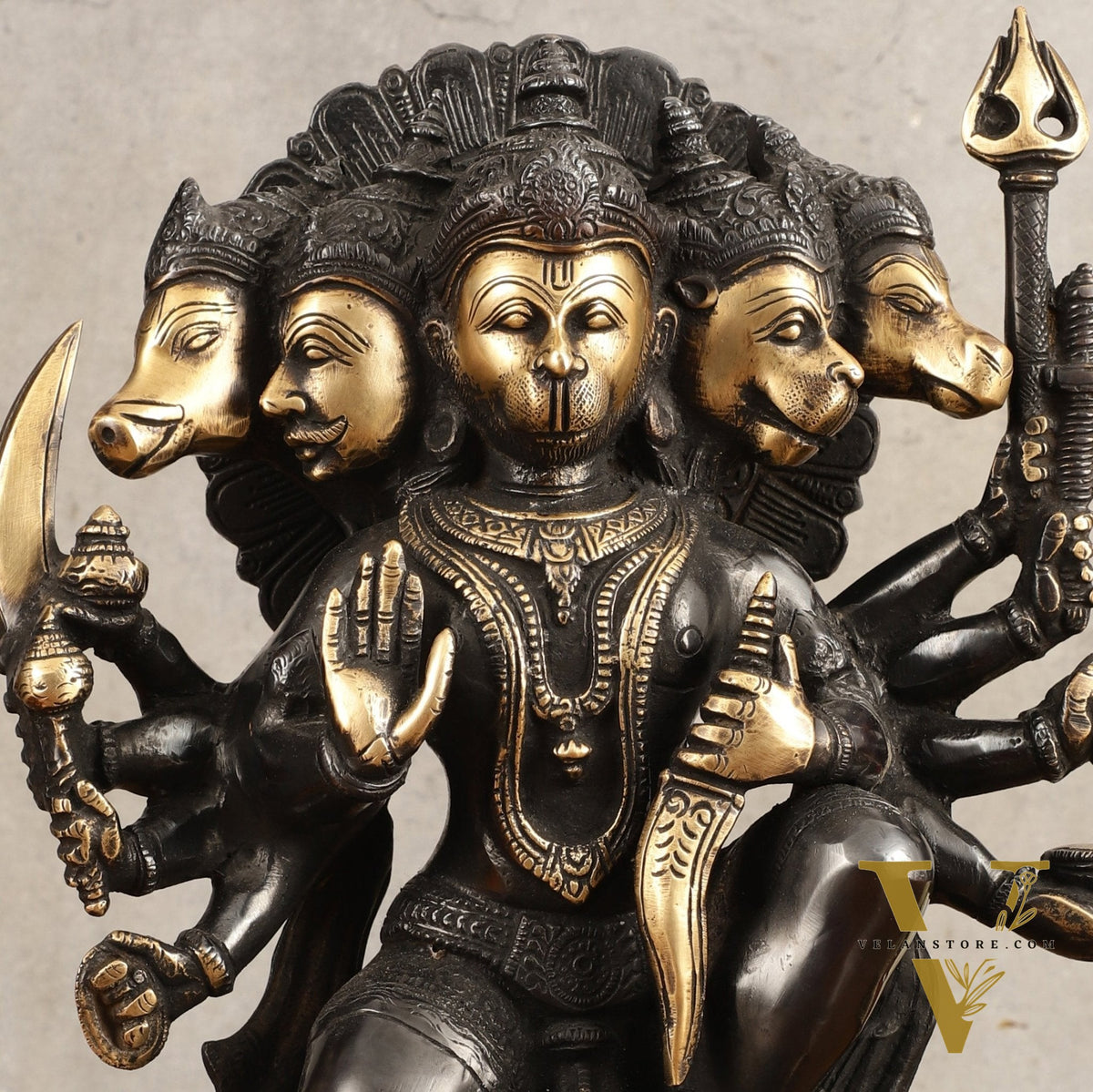 Brass Panchmukhi Hanuman Statue - 11" Height, Black and Gold Finish