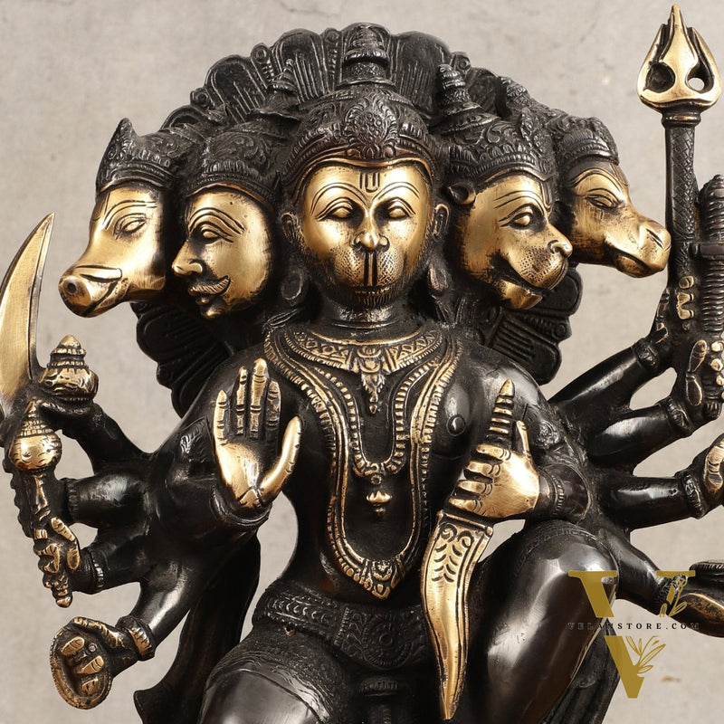 Brass Panchmukhi Hanuman Statue - 11" Height, Black and Gold Finish