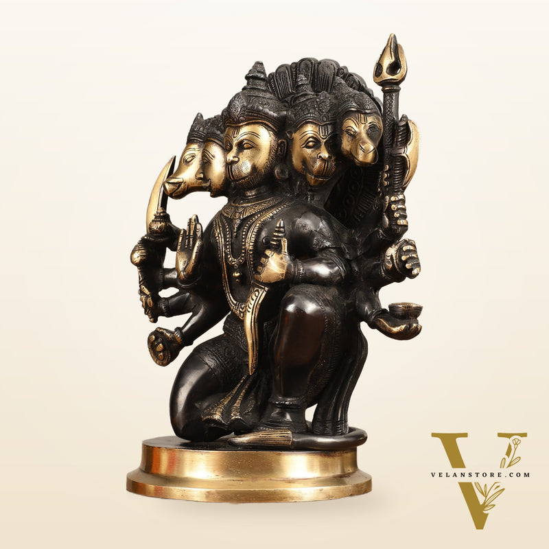 Brass Panchmukhi Hanuman Statue - 11" Height, Black and Gold Finish