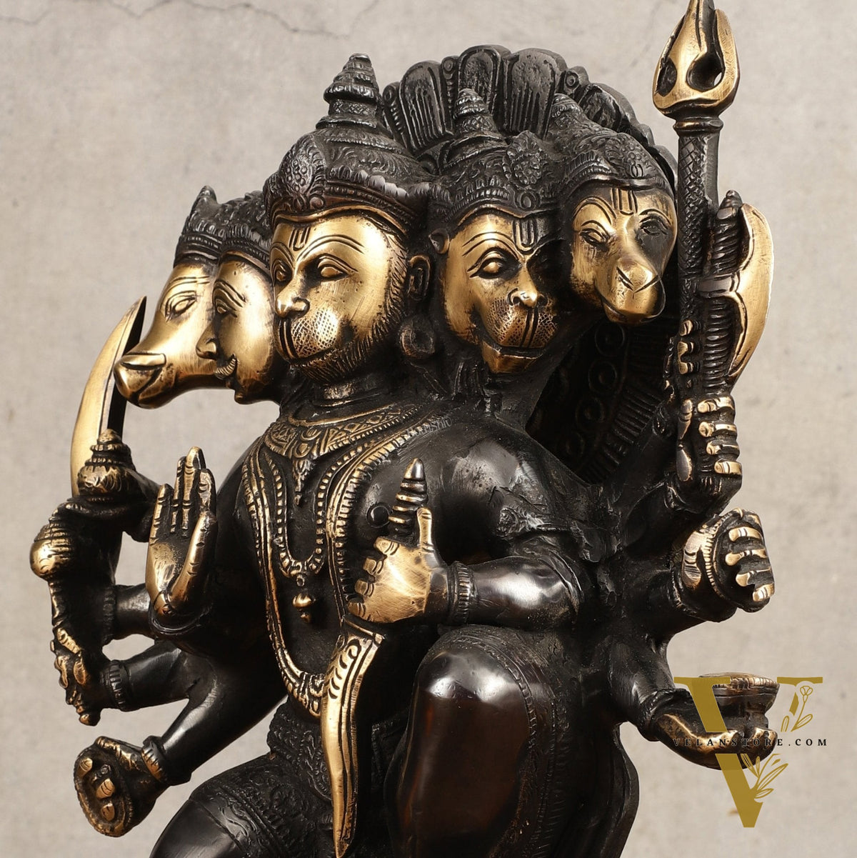 Brass Panchmukhi Hanuman Statue - 11" Height, Black and Gold Finish