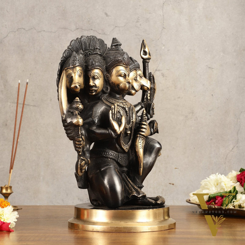Brass Panchmukhi Hanuman Statue - 11" Height, Black and Gold Finish