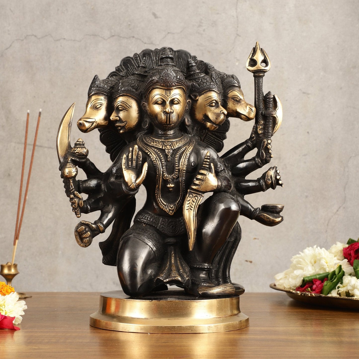 Brass Panchmukhi Hanuman Statue - 11" Height, Black and Gold Finish