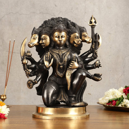 Brass Panchmukhi Hanuman Statue - 11" Height, Black and Gold Finish