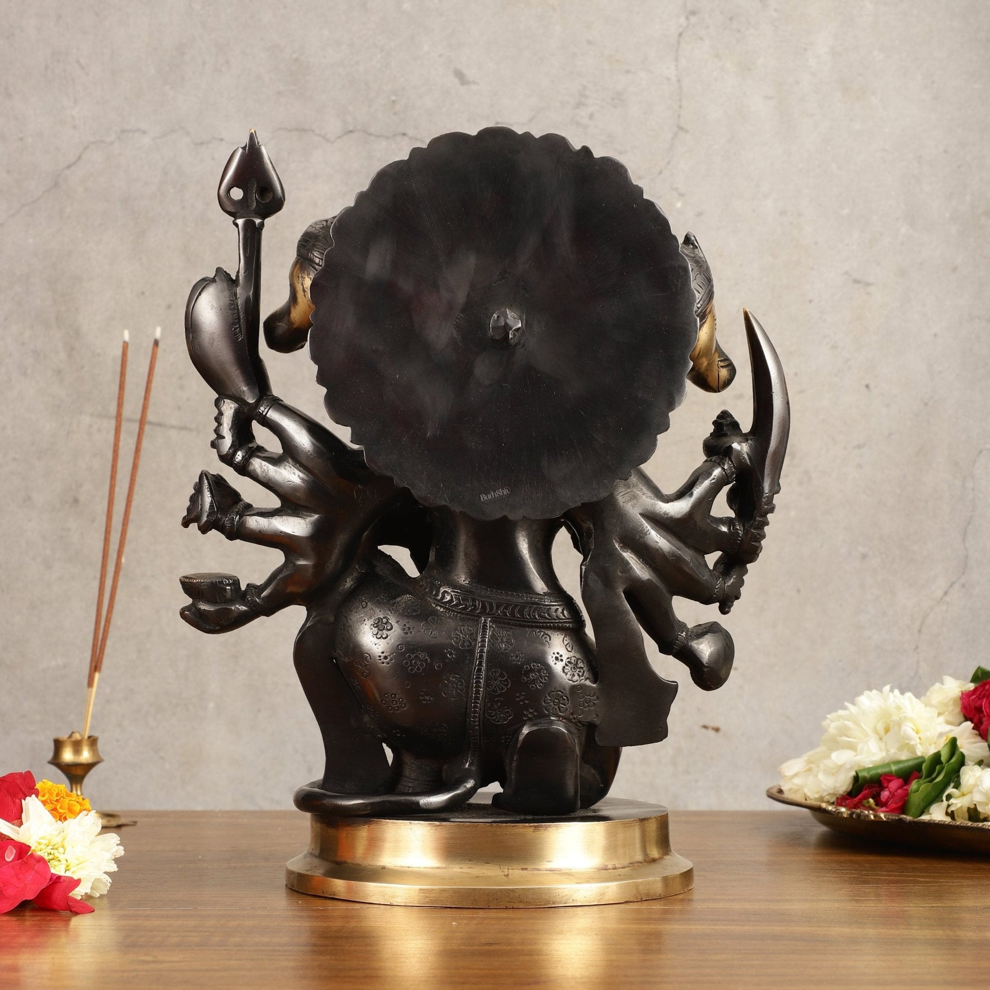 Brass Panchmukhi Hanuman Statue - 11" Height, Black and Gold Finish