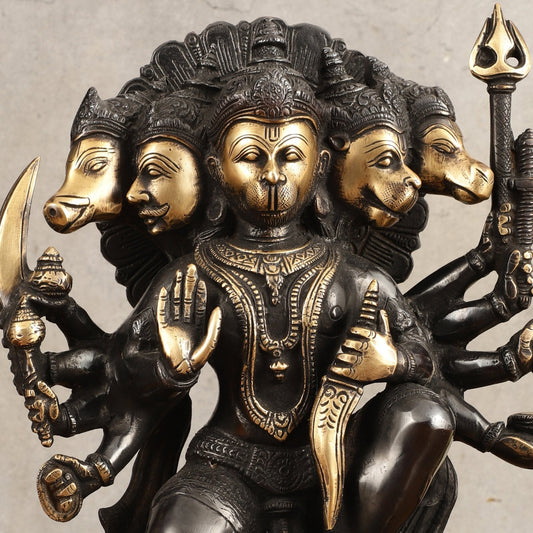 Brass Panchmukhi Hanuman Statue - 11" Height, Black and Gold Finish