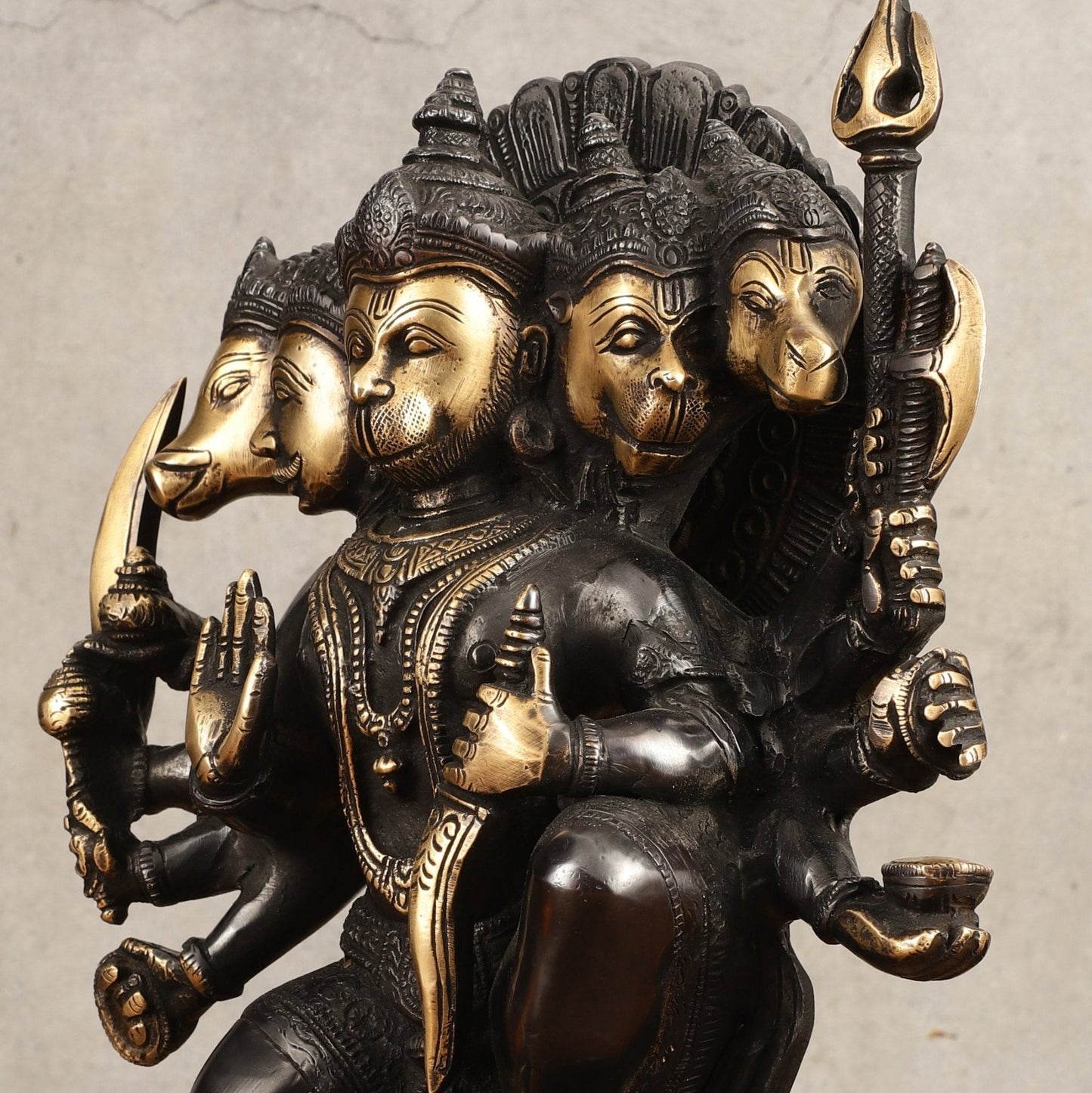 Brass Panchmukhi Hanuman Statue - 11" Height, Black and Gold Finish