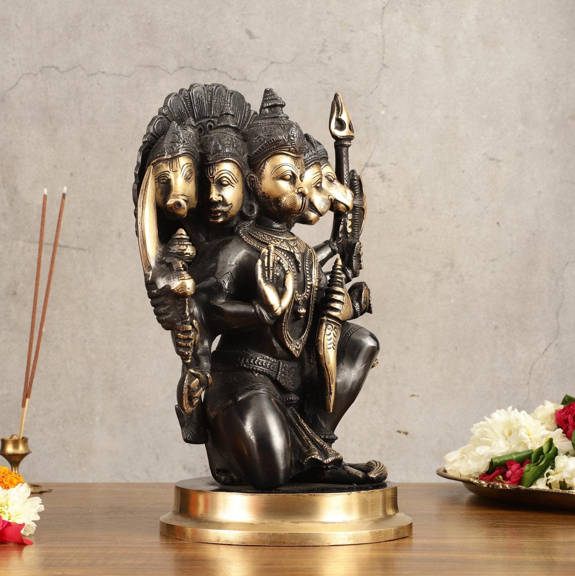 Brass Panchmukhi Hanuman Statue - 11" Height, Black and Gold Finish