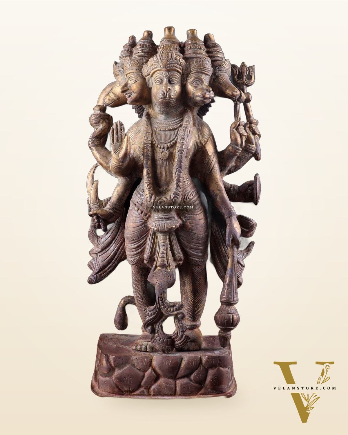Brass PanchMukhi Hanuman Statue  - 17.5 Inches vintage tone