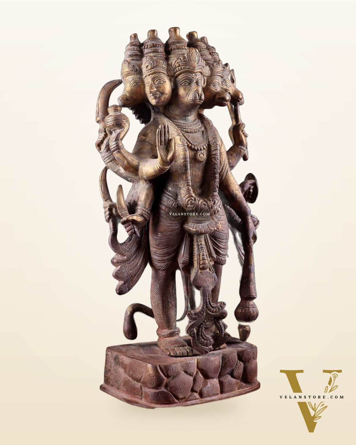 Brass PanchMukhi Hanuman Statue  - 17.5 Inches vintage tone