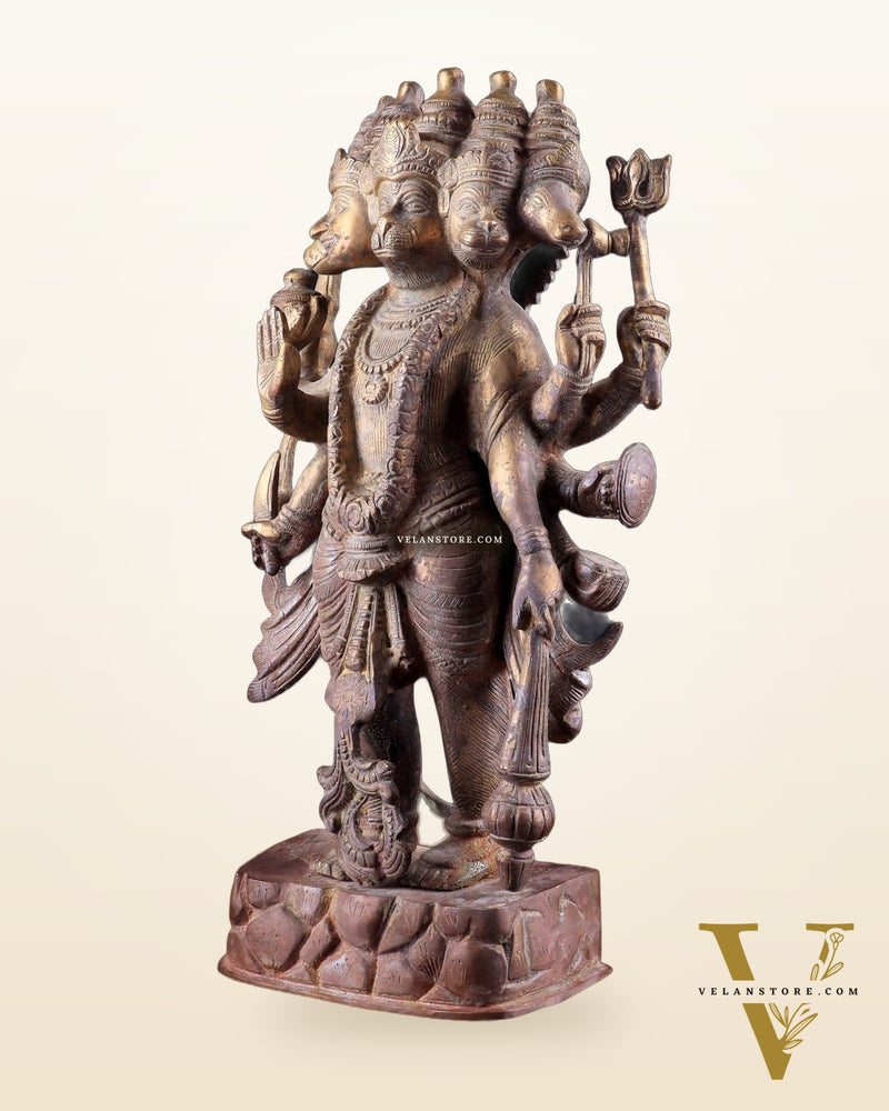 Brass PanchMukhi Hanuman Statue  - 17.5 Inches vintage tone
