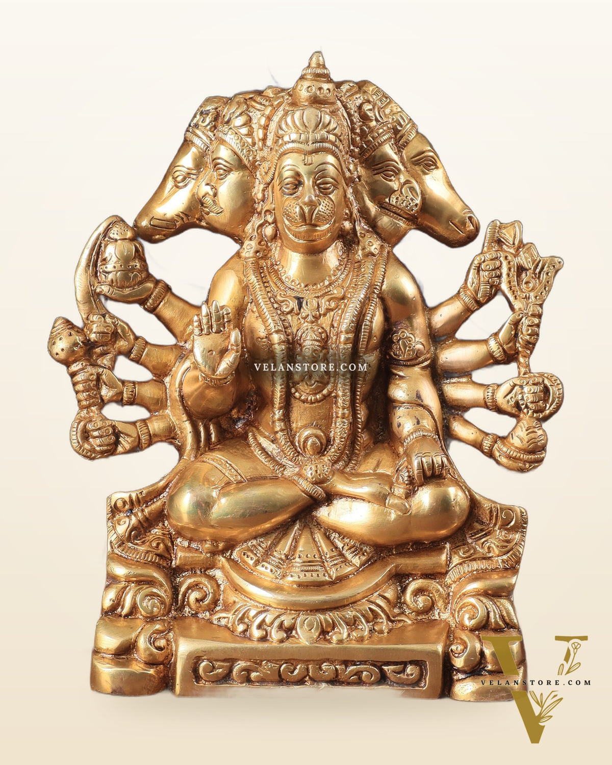 Brass Panchmukhi Hanuman Statue with Crossed Legs 8" golden tone