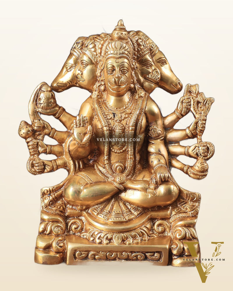 Brass Panchmukhi Hanuman Statue with Crossed Legs 8" golden tone