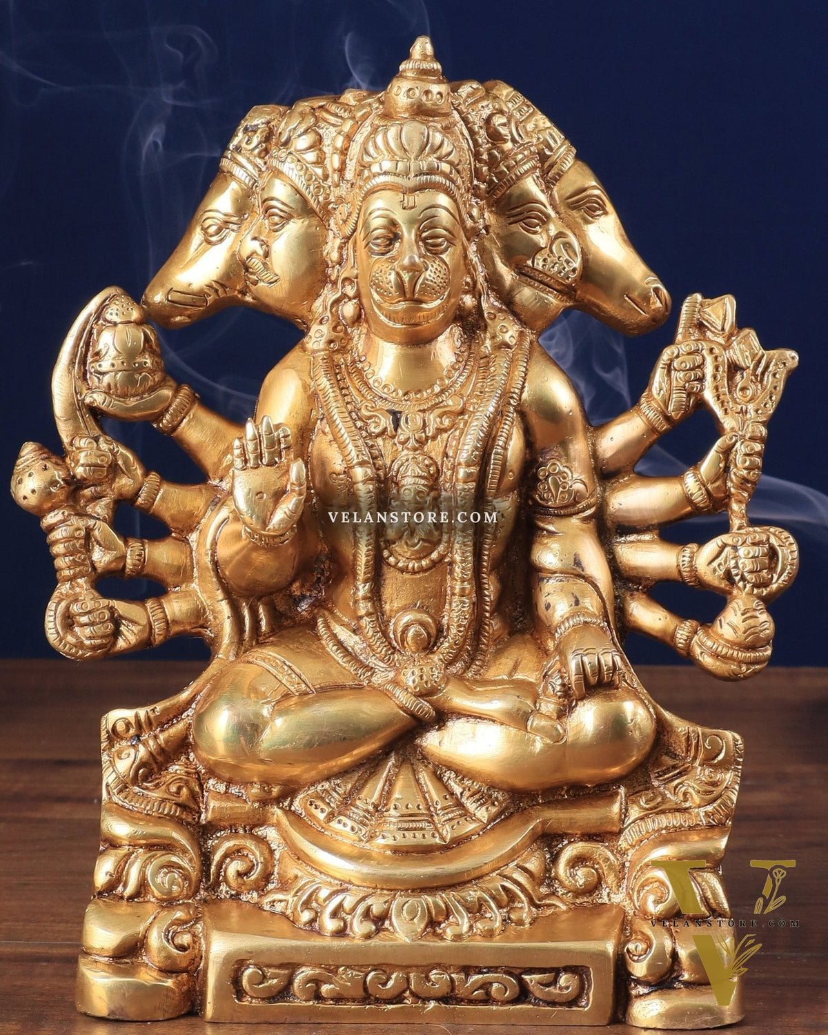 Brass Panchmukhi Hanuman Statue with Crossed Legs 8" golden tone