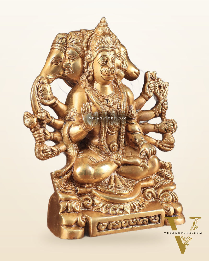 Brass Panchmukhi Hanuman Statue with Crossed Legs 8" golden tone
