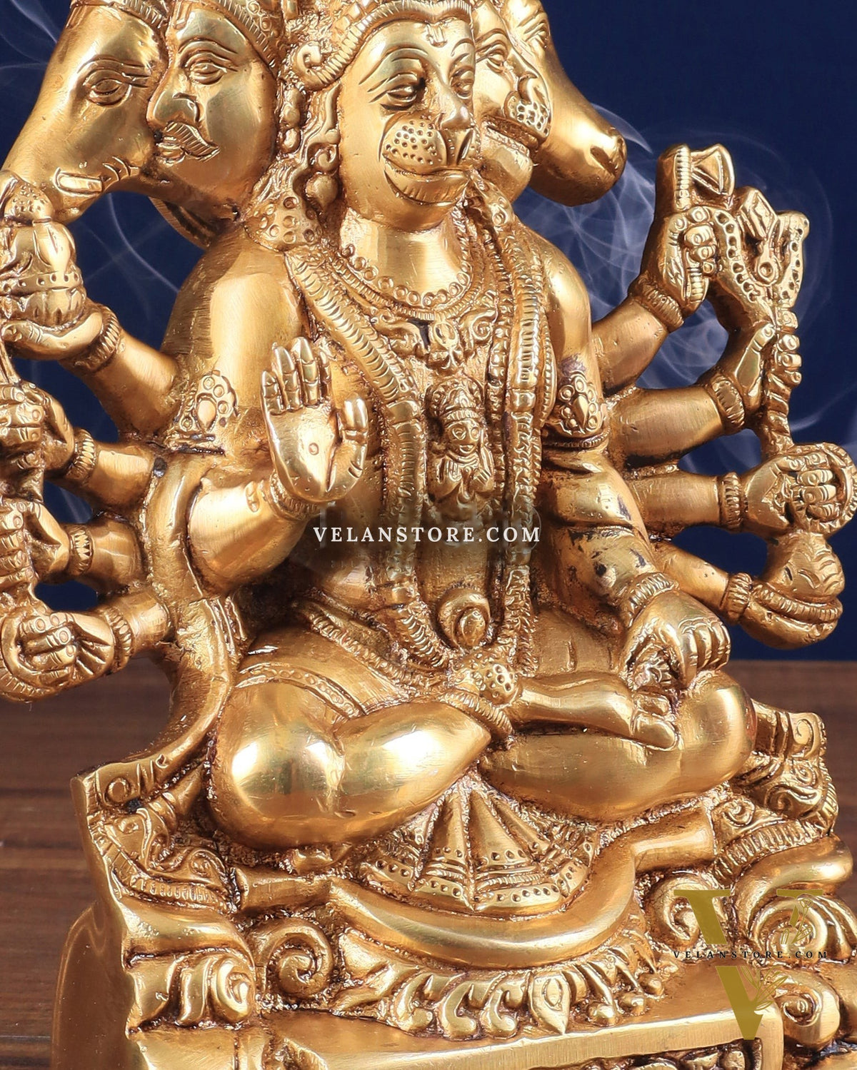 Brass Panchmukhi Hanuman Statue with Crossed Legs 8" golden tone