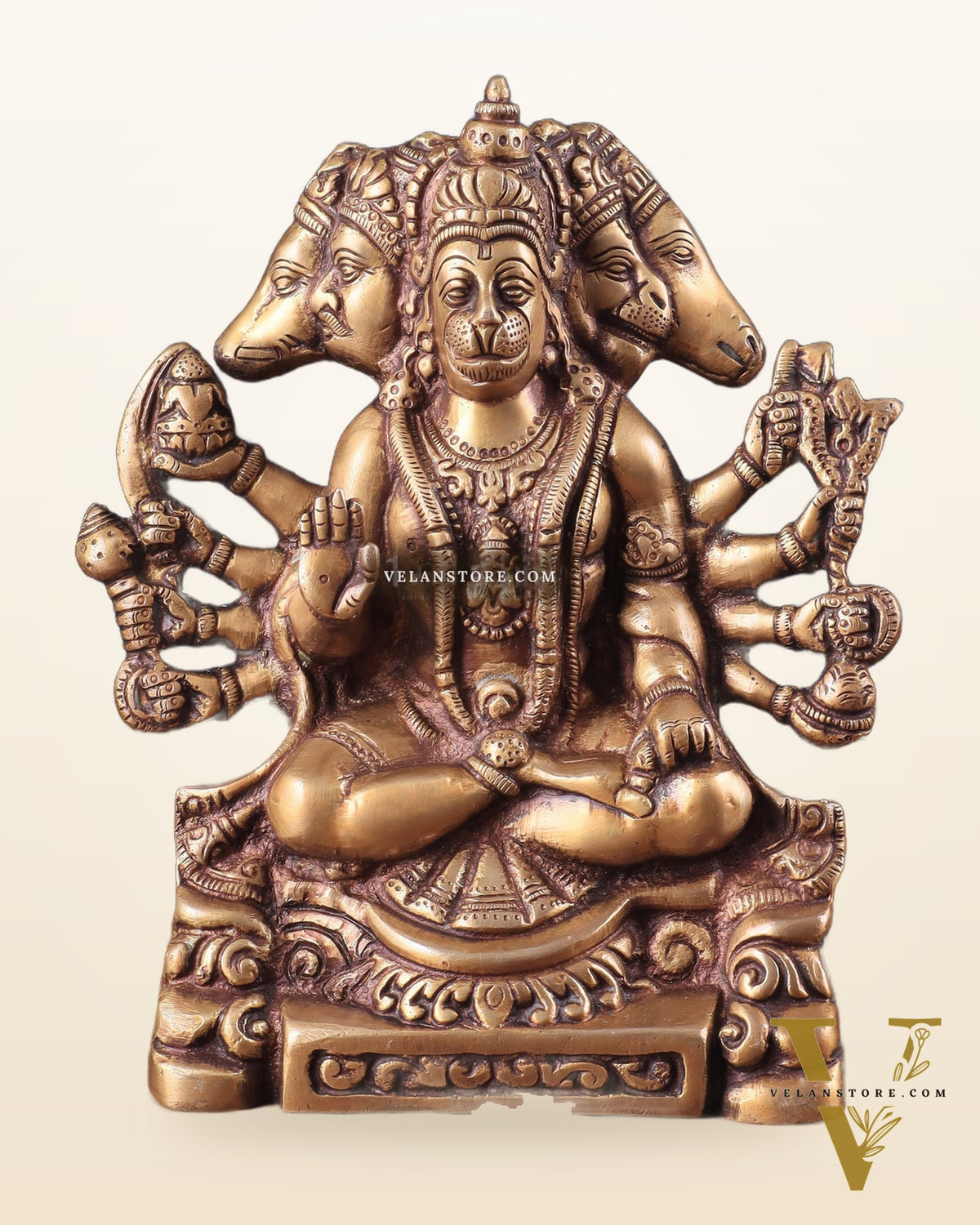 Brass Panchmukhi Hanuman Statue with Crossed Legs 8"