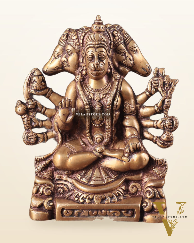 Brass Panchmukhi Hanuman Statue with Crossed Legs 8"