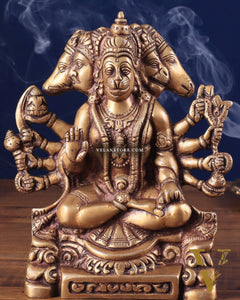 Brass Panchmukhi Hanuman Statue with Crossed Legs 8"
