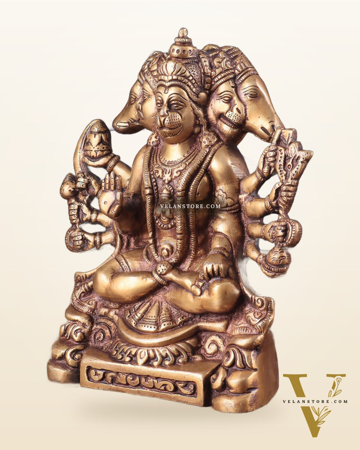 Brass Panchmukhi Hanuman Statue with Crossed Legs 8"