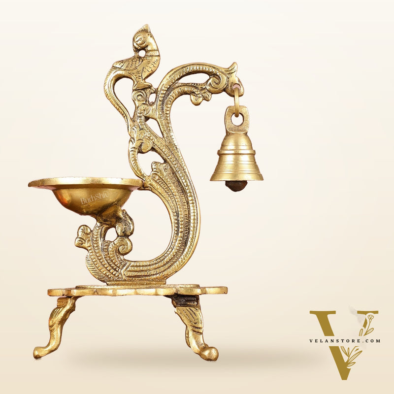 Brass parrot lamp with bell enhanced carvings