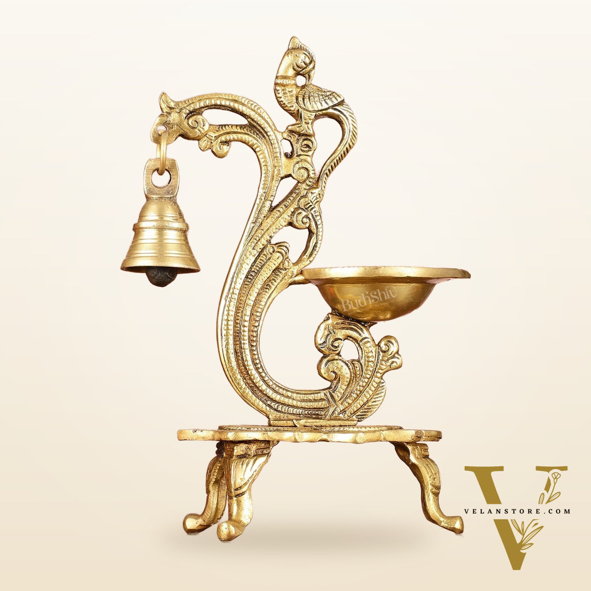 Brass parrot lamp with bell enhanced carvings